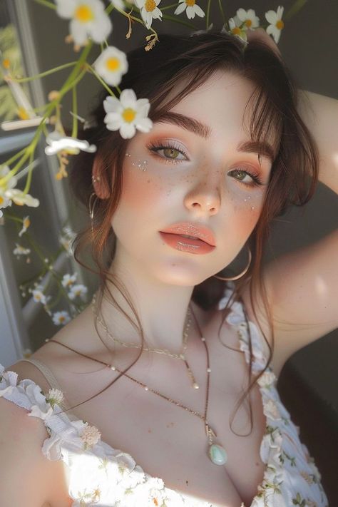 Elven Makeup Natural, Cute Cottagecore Makeup, Summer Fairy Makeup, Summer Solstice Makeup, Cottage Core Makeup Looks, Hobbit Makeup, Cottagecore Aesthetic Makeup, Fairy Wedding Makeup, Ethereal Aesthetic Makeup