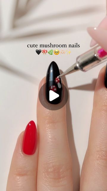 Black Nails With Mushroom Design, Black Mushroom Nails, Red Mushroom Nails, Cute Mushroom Nails, Mushroom Nail Designs, Mushroom Nail Art, Green Gel Polish, Mushroom Nails, Black Gel Polish