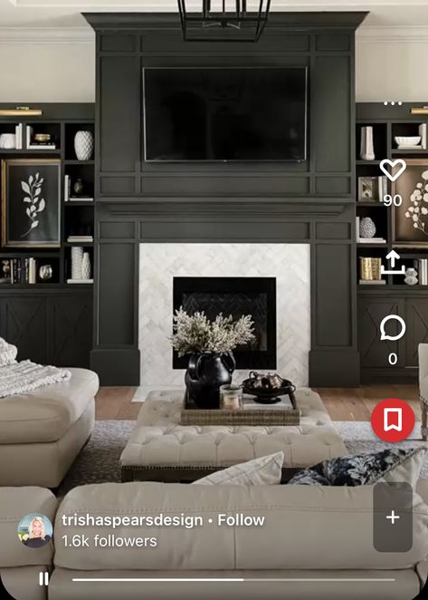 Black Wainscoting Fireplace Wall, Black Fireplace Mantel With Tv, Black Built Ins Living Room Fireplace, Electric Fireplace Trim Ideas, Black Fireplace Built Ins, Black Fireplace Mantel, Corner Fireplace Makeover, Fireplace Bookcase, Grey Fireplace