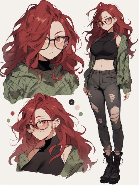 Female Oc Inspiration, Nerdy Anime Woman, Cool Female Character Designs, Female Outfit Ideas Drawing, Modern Female Character Design, Female Character With Glasses, Character Design Inspiration Girl, Red Hair Girl Drawing, Oc Character Design Inspiration