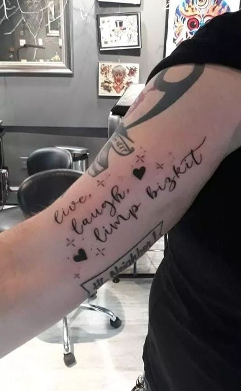 *♡ ∞ ✧･ﾟlive laugh limp bizkit  ﾟ･✧ ∞ ♡* Limp Bizkit Quotes, Live Laugh Limp Bizkit, Limp Bizkit Tattoo Ideas, Limp Bizkit Tattoo, Inspired Tattoos, Limp Bizkit, Tattoos Ideas, Body Modifications, Cool Tattoos