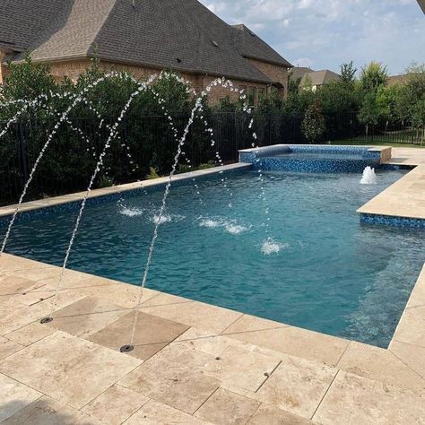 Pool Jets Fountain, Pool Jets, Pool With Raised Spa, Backyard Spa, Stacked Stone Walls, Geometric Pool, Waterfall Wall, Rectangular Pool, Pool Waterfall