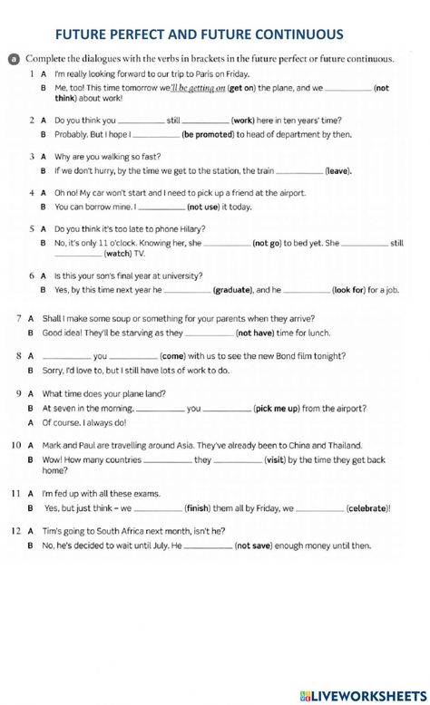 Future Perfect Tense Worksheets, Future Continuous Tense Worksheet, Future Perfect Continuous Tense, Future Continuous Tense, Future Perfect Tense, Grammar Work, Conjunctions Worksheet, Tenses Exercises, English Grammar Tenses