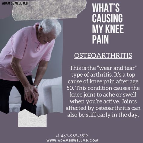 This is the “wear and tear” type of arthritis. It’s a top cause of knee pain after age 50. This condition causes the knee joint to ache or swell when you’re active. Joints affected by osteoarthritis can also be stiff early in the day. Our healthcare team works with patients to find both the source of pain, and how to best provide relief. Check our website here - http://go.adamsewellmd.com/HealKneePain . . . #WellnessForLife #WellnessWeek #WellnessCommunity #EliminationDiet #InjuryTreatmen Wellness Community, Elimination Diet, Age 50, Knee Pain, The Source, The Knee, Health Care, The Day, Conditioner