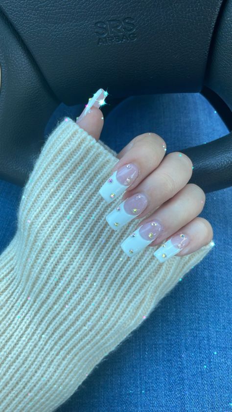 French Tip Nails With Gems, French Tip Pink, Nails With Gems, White French Tips, White French Tip, Tip Nails, Bling Acrylic Nails, White French, French Tips