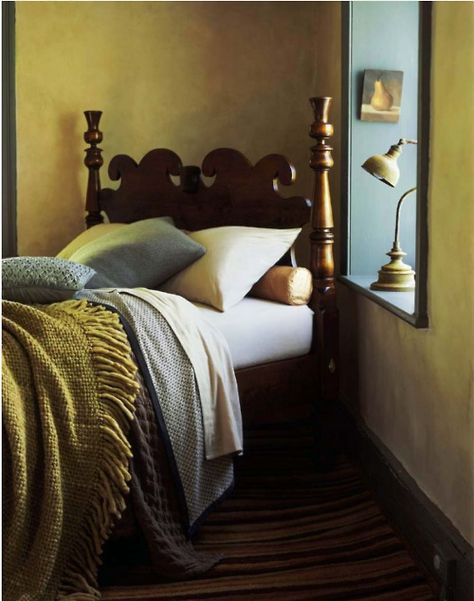 . Corner Beds, Kitty Corner, Corner Bed, Color Blanket, Carved Headboard, Mustard Walls, Bed In Corner, Window Ledge, Deco Bedroom