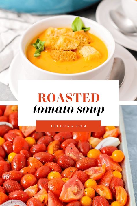 This roasted tomato soup is easy to make with fresh tomatoes. It's irresistibly creamy and bursting with flavor. #roastedtomatosoup #tomatosoup #soup #tomato Creamy Roasted Tomato Soup, Tomato Basil Soup Recipe, Roasted Tomato Basil Soup, Creamy Tomato Basil Soup, Homemade Comfort Food, Roasted Tomato Soup, Basil Soup, Tomato Basil Soup, Croutons Homemade