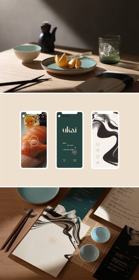 Ukai Sushi Bar Identity Design by The Branding People Asian Branding Design, Sushi Branding Identity, Sushi Restaurant Branding, Sushi Branding Design, Asian Restaurant Branding, Sushi Restaurant Design, Japanese Restaurant Branding, Asian Branding, Restaurant Brand Design