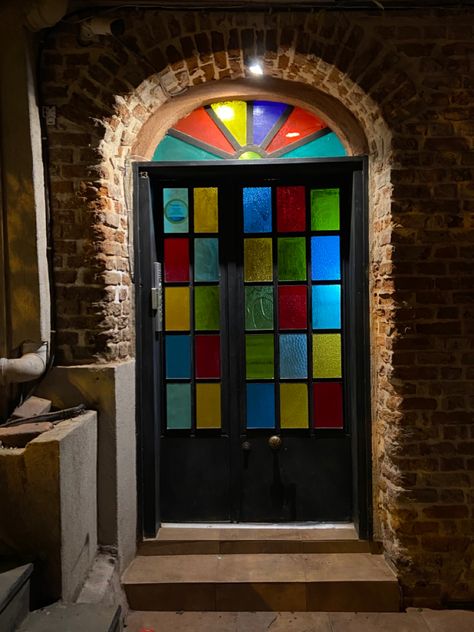 Color Glass Wall, Window Elevation, Japanese Tea Room, Colored Door, Victorian House Interiors, Restaurant Themes, Glass French Doors, Glass Creations, Red Brick House