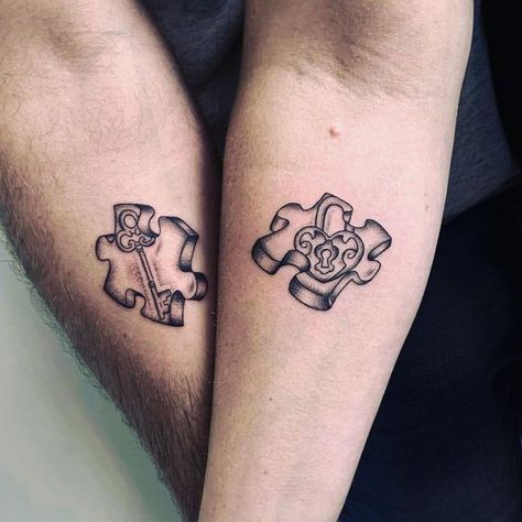 70+ matching tattoo designs you should check out. Choose one and show it to your soulmate immediately! Bonus: detailed analysis of design meanings. Missing Piece Tattoo Couple, Puzzle Couple Tattoo, Puzzle Tattoo Family, Puzzle Tattoo Design, Puzzle Piece Tattoo Couples, Couples Tats, Jigsaw Tattoo, Puzzle Tattoo, Puzzle Piece Tattoo