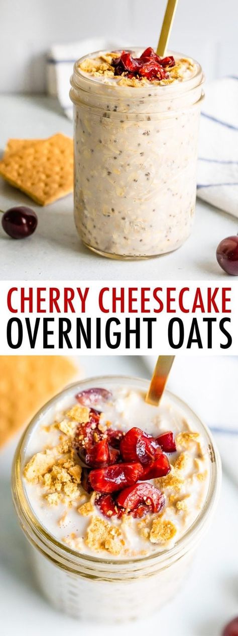 These cherry cheesecake overnight oats taste like you're having the real deal. They're super rich and creamy from the cream cheese and have a delicious texture thanks to the graham cracker crumbs. #mealprep #oatmeal #overnightoats #cherry #eatingbirdfood Cheesecake Overnight Oats, Overnight Oats Recipe Easy, Oats Recipes Breakfast, Best Overnight Oats Recipe, Overnight Oatmeal Recipes, Oat Recipes Healthy, Overnight Oats Recipe Healthy, Dairy Free Cream, Overnight Oats Healthy