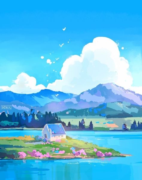 Juste une vision — “I think any place can be special if you try hard... Digital Background Painting, Pink Cute Painting, Lake Drawing Reference, Lake House Illustration, Landscape Ideas Drawing Coloring, Gouache Cottagecore, Lake Reference, Landscape Ideas Drawing, Landscape Cottagecore