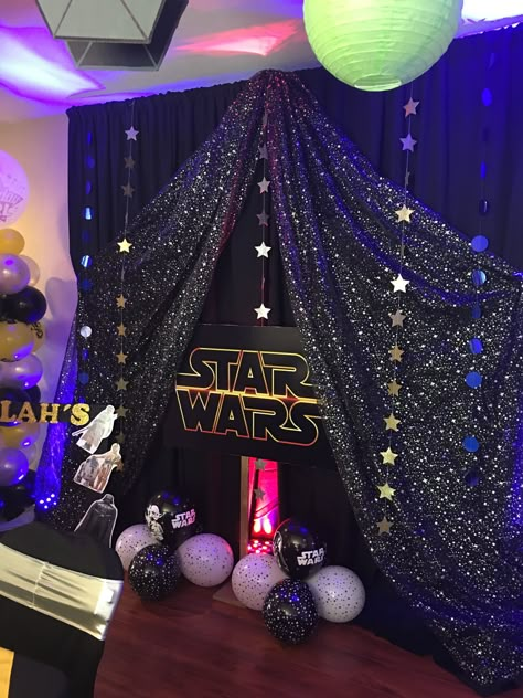 STAR WARS BIRTHDAY PARTY Star Wars Party Backdrop Ideas, Star Wars Quinceanera Theme, Star Wars Birthday Decor, Star Wars Adult Party, Star Wars Birthday Party Decorations, Star Wars Movie Night, Star Wars Themed Party, Darth Vader Party, Star Wars Party Ideas