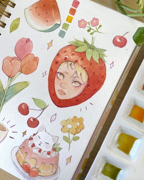 Filling up this sketchbook page with some colorful fruits and foods 🍓🍉🍒 I’m seriously thinking on turning these into stickers? What do you think? . . Llenando una hoja de mi sketch Book con algunas frutas y comidas coloridas 💖 Realmente estoy pensando en convertir esos dibujos en stickers! qué opinan? #sketchbook #sketchbookart #cuteart #watercolorart #watercolor #illustration #artistsoninstagram #artoftheday #catart #kawaiiart Sketch Fruit, Watercolor Food Art, Aesthetic Watercolor Art, Sketch Book Pages, Sketchbook Pages Inspiration, Sketch Book Art, Fruits Illustration, Fruit Drawing, Potrait Painting