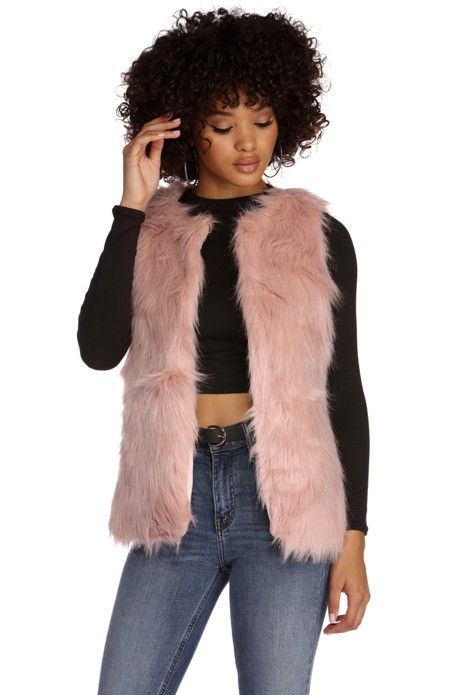 Faux My Fur Vest Pink Fur Vest Outfit, Short Ruffled Dress, Fur Vest Outfits, College Outfits Winter, Oversized Jean Jacket, Pink Fur, Dusters, Women's Jackets, Faux Leather Fabric