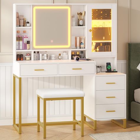 Teen Vanity Ideas Bedroom, Desk And Vanity In One, Teen Vanity, Vanity With Storage, Cute Vanity, Vanity Inspiration, Minimalist Vanity, Armoire Cabinet, Shelves Modern