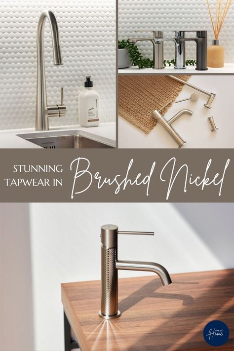 Montage of brushed nickel tapware products for bathrooms and kitchens. Brush Nickel Bathroom Fixtures, Bathroom With Brushed Nickel Fixtures, Brushed Nickel Bathroom Fixtures, Laundry Powder Room, Brushed Nickel Tapware, Nickel Tapware, Bathroom Fixtures Brushed Nickel, Brushed Nickel Kitchen, Laundry Powder