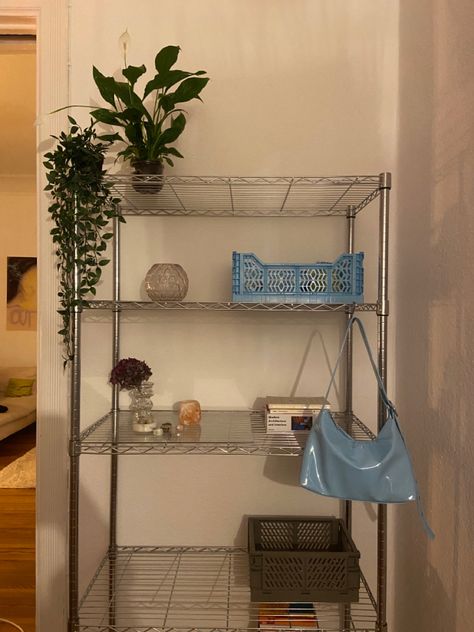 chrome shelf hay box babyblue Silver Shelf, Ikea Omar, Chrome Shelving, Chrome Shelf, Hay Box, Entryway Inspo, Silver Storage, Metal Shelf, Shoe Shelf