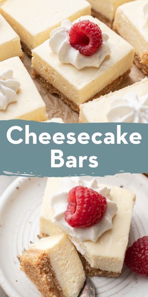 These easy cheesecake bars taste like your favorite creamy homemade cheesecake, minus the water bath! It's a classic dessert that's perfect for celebrations, weekday snacking, or gifting. Sheet Pan Cheesecake Bars, Sheet Cheesecake Recipes, No Bake Cheesecake Bars 9x13, Cheesecake Bars 9x13, Cheesecake Bars Recipes, Easy Cheesecake Bars, Baking Magazine, No Bake Cheesecake Bars, Live Well Bake Often