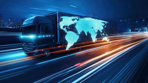 A digital truck moving at high speed with world map symbolizing global logistics Map Symbols, Architecture Background, Beach View, High Speed, Textured Background, World Map, Transportation, Stock Images, Trucks