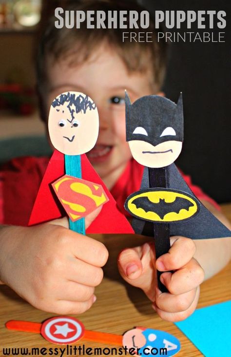 Craft stick superhero puppet activity for kids. Perfect for imaginative play/ story telling. FREE PRINTABLE Batman, Superman, Spiderman, Ironman, Flash, Captain America masks and badges. Hero Crafts, Superman Spiderman, Puppet Craft, Spiderman Ironman, Superhero Crafts, Free Printable Crafts, Batman Party, Puppet Crafts, Paper Toy