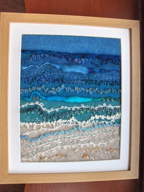 Seascape Quilts, Ethical Art, Framed Textile, Landscape Art Quilts, Weaving Loom Projects, Landscape Quilt, Textile Art Embroidery, Zero Waste Gifts, Fabric Postcards