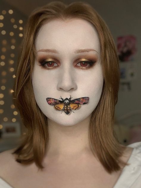 The silence of the lambs makeup, horror movie makeup, October makeup, Halloween makeup inspiration, death head moth makeup, brown Smokey eye, cool makeup, fun makeup, selfie inspiration, self portrait inspo, red hair Makeup Brown Smokey Eye, Horror Movie Makeup, Moth Makeup, The Silence Of The Lambs, Movie Makeup, Silence Of The Lambs, Deaths Head Moth, Makeup Selfie, Alien Costume