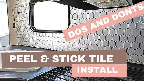 Trailer remodel includes installation of peel and stick tile and discussion on all backsplash options and cost Rv Kitchen Backsplash Ideas Tile, Peel And Stick Vinyl Tile, Rv Wallpaper, Backsplash Options, Cheap Rv, Trailer Renovation, Stick Tile Backsplash, Camper Trailer Remodel, Trailer Camping