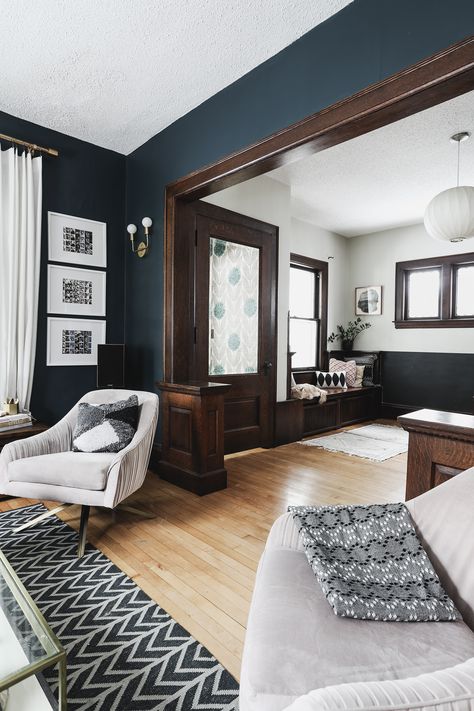 Craftsman Home Decor Living Room, Craftsman Style Homes Interior Paint, Historic Craftsman Homes Interior, Contrasting Interior Design, Wood Trim Black Walls, Dark Turquoise Living Room Decor, Oak Baseboards Wood Trim, Craftsman Colors Palette Interior, Craftsman Entryway Ideas