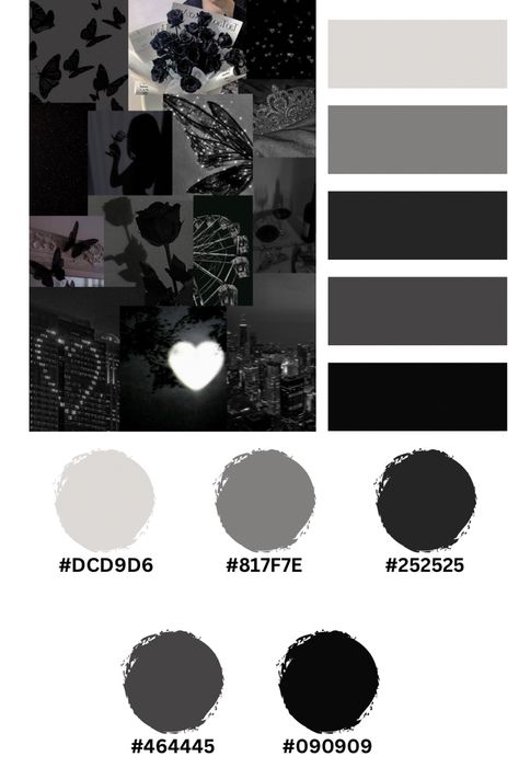 Canva Color Palette Codes Black, Gothic Color Palette Hex Codes, Black Color Palette Hex Codes, Discord Hex Codes, Black And White Palette Colour Schemes, Black White Silver Color Palette, Spooky Color Palette Hex Codes, Silver And Black Color Palette, Colour Palette Monochrome