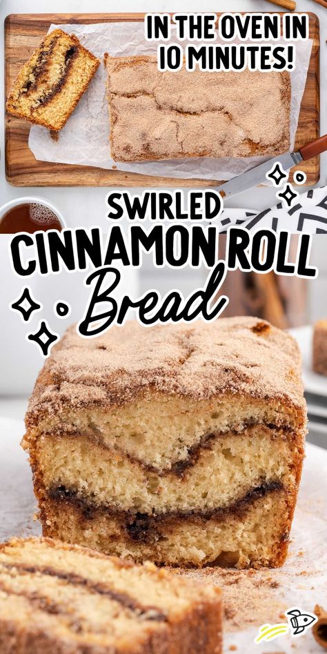 The moist texture and swirls of cinnamon sugar make this cinnamon roll bread the perfect addition to your breakfast table. Easy Cinnamon Roll Bread, Spaceshipsandlaserbeams Recipes, Cinnamon Loaf Bread, Desert Bread, Farmhouse Recipes, Apple Scones, Cinnamon Bread Recipe, Dessert Breads, Cinnamon Roll Bread