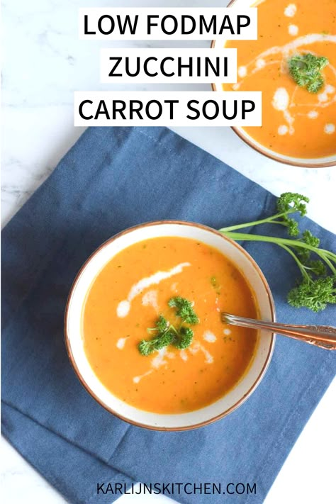 A simple recipe for low FODMAP zucchini carrot soup! Delicious for lunch, dinner or as a starter. Gluten-free, lactose-free and vegan. #soup #FODMAP #starter #glutenfree #lactosefree #vegan Vegan Fodmap, Fodmap Dinner, Fodmap Friendly Recipes, Carrot Zucchini, Zucchini Carrot, Low Fodmap Diet Recipes, Coconut Milk Soup, Fodmap Diet Recipes, Zucchini Soup