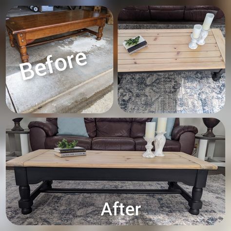 Coffee Table Flip Wood, Coffee Table And End Tables Makeover, Black Farmhouse Coffee Table, Wood And Glass Coffee Table Makeover, Furniture Flip Coffee Table, Flipped Coffee Table, Coffee Table Redo Ideas, Coffee Table Into Bench, Refinish Coffee Table