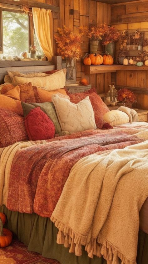 Vintage Fall Bedroom, Pumpkin Spice Bedroom, Fall Bedroom Colors, Fall Bedroom Aesthetic Autumn, Pumpkin Bedroom Decor, Autumn Aesthetic Room Ideas, Fall Decor In Bedroom, Dream Cottage Bedroom, Fall Cottage Bedroom