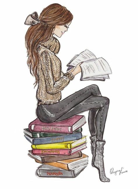 Reading Art Drawing, Reading Art Illustration, Girl Reading Drawing, Girl Reading Book Drawing, Girl With Books Drawing, Books Painting Art, Reading Books Drawing, Bookworm Drawing, Drawing Ideas Girl