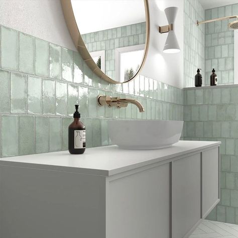 Bathroom Tiles Green Tile Bathroom, Tiles For Bathroom, Metro Tiles, Glazed Ceramic Tile, Zellige Tile, Kitchen Wall Tiles, Matcha Green, Green Tile, Green Bathroom