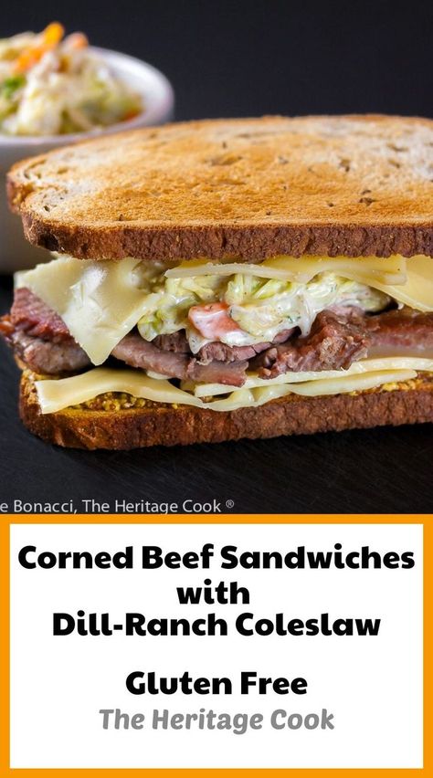 Corned Beef Sandwiches with Dill-Ranch Coleslaw © 2022 Jane Bonacci, The Heritage Cook Corn Beef Sandwiches Recipes, Corned Beef For Sandwiches Crock Pot, Pastrami Coleslaw Sandwich, Ranch Coleslaw, Corned Beef Sandwich Recipe, The Food Charlatan Corned Beef, Corned Beef Sandwiches, Dill Ranch, Corn Beef Reuben Sandwich