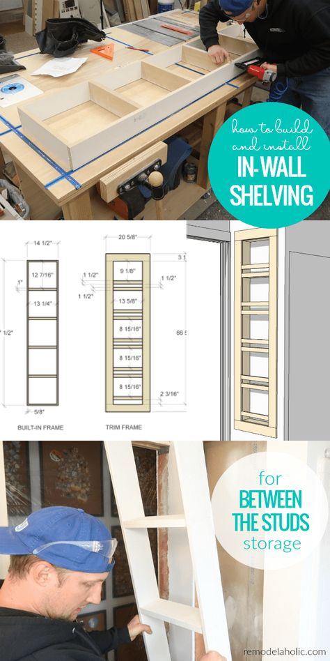 Remodelaholic | Adding Built-In Shelves for Bathroom In-Wall Storage In Wall Shelving, Between The Studs Storage, Storage In A Small Bathroom, Built In Wall Shelves, Between The Studs, Between Studs, Diy Shelves Bathroom, Shelves For Bathroom, Recessed Shelves