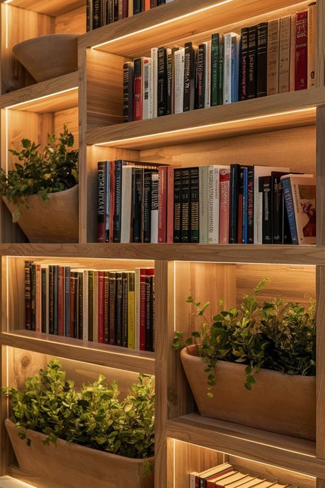 Redefine your book storage with thick wooden shelves enhanced by warm LED lighting. Create a cozy vibe by adding planters and earthy decor, turning your wall into an elegant yet functional display#CozyBookshelf #HomeLibraryGoals #LEDDecor #WoodenShelves #InteriorStyling #BookLoversDecor #ModernRustic #GreeneryAndBooks #WarmLighting #FunctionalArt White Floating Bookshelves, Green Wall Bookshelves, Unique Wall Bookshelves, Shelving Wall Ideas, Lit Up Bookshelves, Custom Book Shelf, Small At Home Library, Lit Bookshelves, Small Wall Bookshelf Ideas