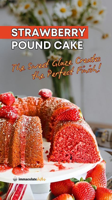 Strawberry Pound Cake: Moist & rich with summery flavor. This quick and easy dessert is perfect for any occasion. Topped with a sweet glaze, it's a guaranteed crowd-pleaser! #ChristmasCake #BakingRecipe Strawberry Pound Cake, Sweet Glaze, Pound Cake With Strawberries, Baked Goodies, Jamaican Recipes, Summer Dessert, Caribbean Recipes, Easy Dessert, Crowd Pleaser