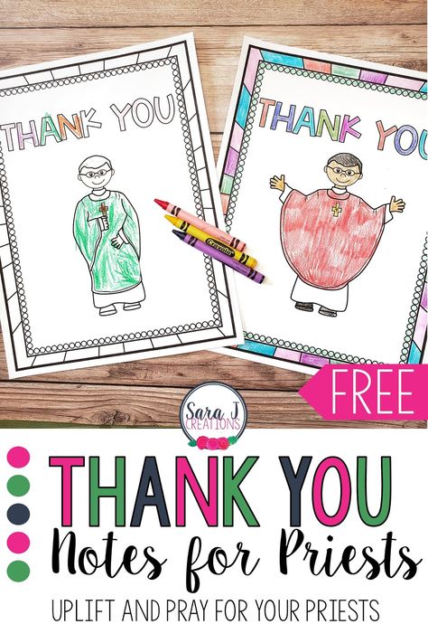 Uplift your Catholic priests with these free printable thank you cards. Perfect for having children show their priest how much they care! Catholic Schools Week Art Projects, Catholic Crafts For Kids, Catholic Schools Week Activities, Ccd Activities, Catholic Kids Crafts, Catholic Kids Activities, Printable Thank You Notes, Catholic Schools Week, Kids Prayer