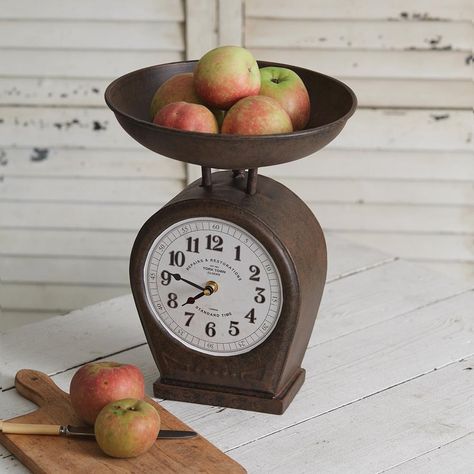 Farmhouse Clock, Vintage Scales, Ceramic Mixing Bowls, Farmhouse Clocks, Red Bowl, Vintage Scale, New York Vintage, Clock Vintage, Tabletop Clocks