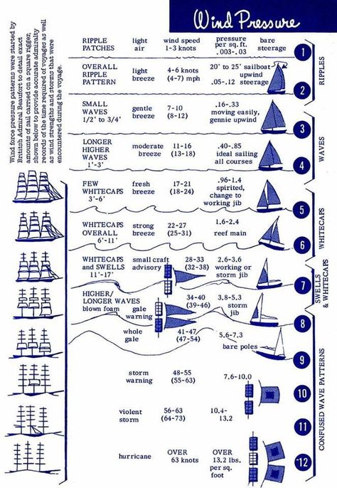 The Beaufort Scale is a measure of wind pressure and sea state that was developed by Admiral Beaufort of the British Navy. Sailing Terms, Beaufort Scale, Sailing Lessons, Sailboat Living, Navi A Vela, Sail Life, Sailing Adventures, Boat Stuff, Sailing Boat