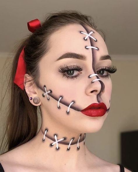 Makeup Stitches, Fest Smink, Halloweenský Makeup, Maquillage Yeux Cut Crease, Holloween Makeup, Kostuum Halloween, Creepy Halloween Makeup, Halloween Makeup Diy, Cute Halloween Makeup