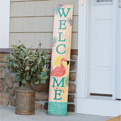 PRICES MAY VARY. Highest Quality Materials: This handcrafted Porch Board Hanging Welcome Sign and Porch leaner is made of a specially developed, 100% weatherproof, composite material that will not rot, warp, or fall apart with rain. It is printed with weatherproof UV Inks that won’t fade, peel or crack. It measures 8” high x 46.5” wide x .4” thick, weighs 3.5 lbs. and is designed for both Outside and Inside home, door and porch decoration use. Beautifully Crafted Sign for Every Occasion: Our ver Wood Front Porch Signs, Cute Welcome Signs, Flamingo Welcome Sign, Summer Welcome Sign, Spring Welcome Sign, Welcome Sign Porch, Painting Strokes, Front Porch Deck, Porch Leaners