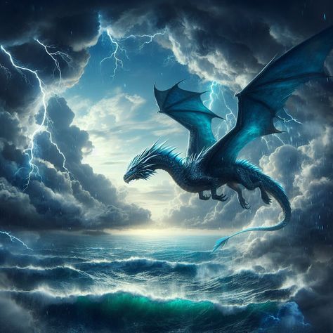 A Blue Dragon soars through a lightning storm. The download image is 1024x1024. Blue Dragons, Ocean Dragon, Blue Dragon Art, Flying Dragon, Teal Dragon, Blue Dragon Aesthetic, Storm Dragon, White And Blue Dragon, Blue Scales Aesthetic Dragon