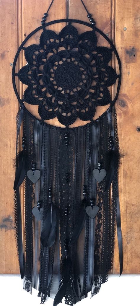 Black Crochet Dream Catcher, Crochet Doily Dream Catcher Free Pattern, Denim Dream Catcher, Crochet Dream Catchers, Gothic Dream Catchers, Makrame Dreamcatcher, Gothic Dreamcatcher, Halloween Dreamcatcher, Crafts Closet