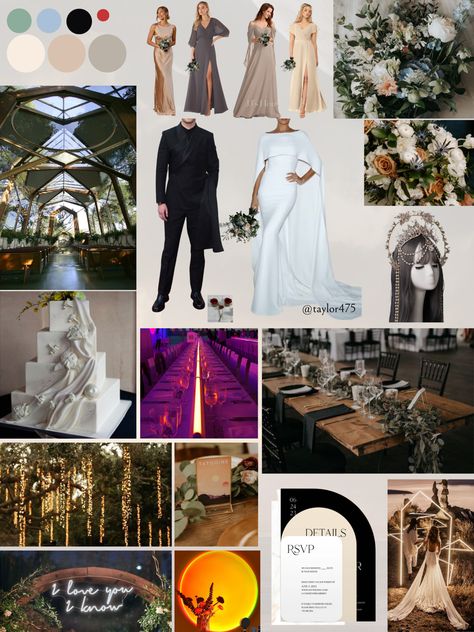 A Star Wars-inspired wedding vision board! Who says you can’t have an elegant, Star Wars wedding that DOESN’T feel like a kid’s birthday party?! This aesthetic more so leans toward A New Hope and the other two movies in the original trilogy. Complete with over-the-top, Padme-esque headress veil alternative and LED lights that subtly nod to lightsabers, I hope this board inspires you Star Wars wedding. ❤️💙🖤 #starwars #starwarswedding #starwarsweddingthemeideas Star Wars Wedding Subtle, Star Wars Wedding Colors, Starwars Theme Wedding, Star Wars Wedding Centerpieces, Subtle Star Wars Wedding Ideas, Star Wars Centerpiece Wedding, Star Wars Wedding Theme Ideas, Elegant Star Wars Wedding, Star Wars Wedding Dress