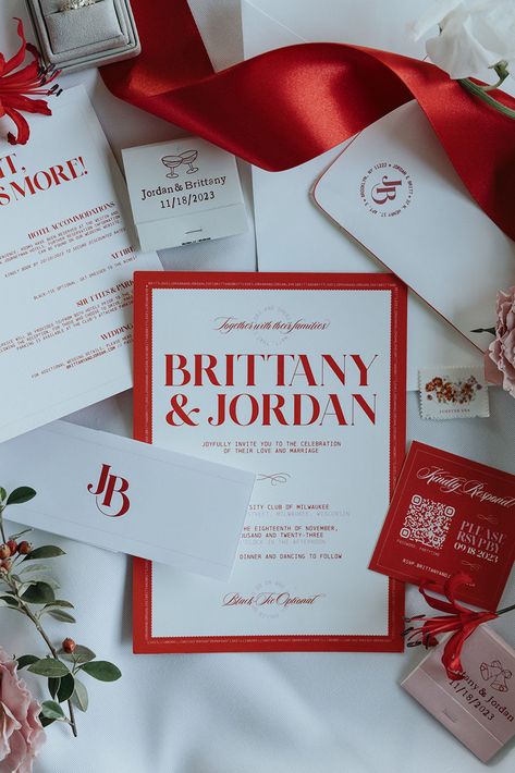 bold red + white wedding invitations for a chic, nostalgic holiday wedding Black White And Red Wedding, Red White Wedding, Couple Dates, Rosewood Wedding, Pilates Logo, Red And White Wedding, Bold Wedding Invitations, Jazz Clubs, Wedding Atelier