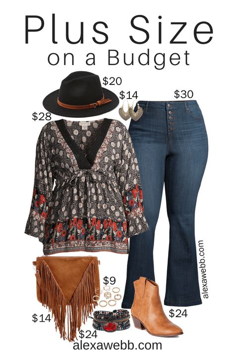 Plus Size on a Budget – Boho Outfit - Alexa Webb Plus Size Outfits With Hats, Plus Size Boho Tops, Plus Size Rodeo Outfits For Women Winter, Boho Cowgirl Style Western Chic Plus Size, Plus Size Flare Jeans Outfits Casual, Western Wear Plus Size, Boho Style For Women 40, Outfit With Fedora Hat Women, Plus Size Outfits With Jeans